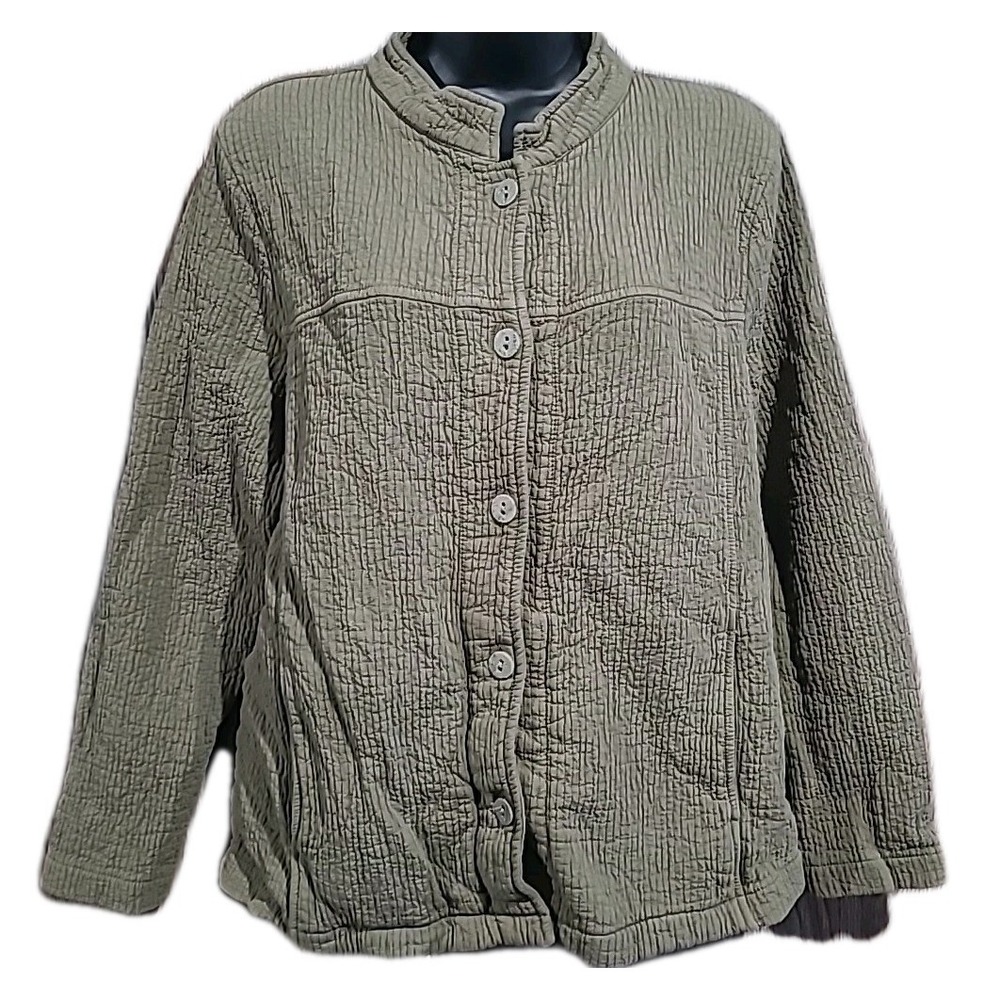 FOCUS Art to Wear Jacket Shacket Sz M Olive Green Textured Artsy Buttons Relaxed